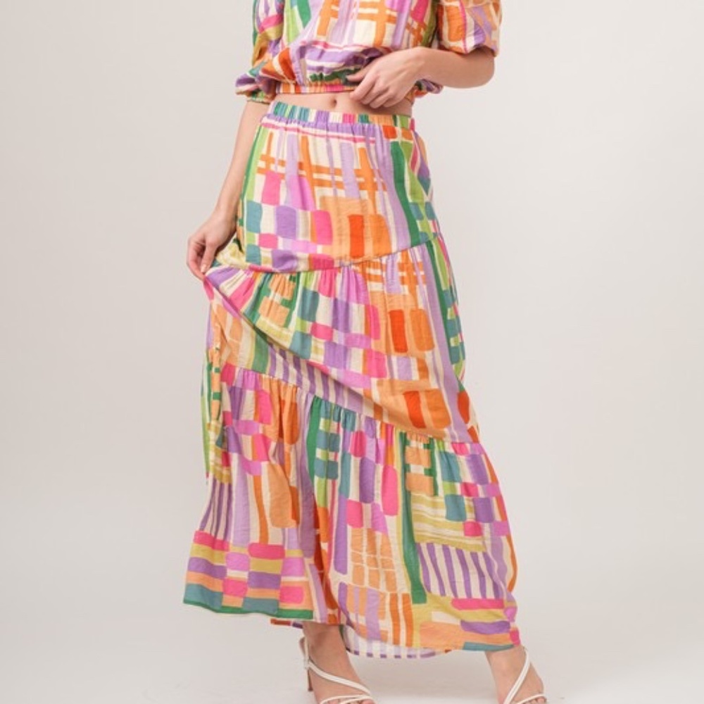 And The Why Asymmetric Geo Printed Tiered Maxi Skirt